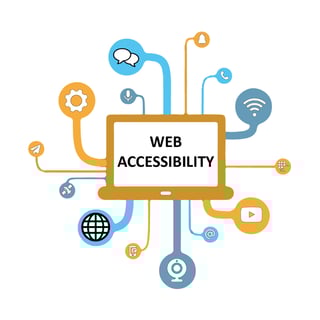 Illustration of a computer screen labeled ‘Web Accessibility,’ surrounded by icons representing communication, media, and digital tools.