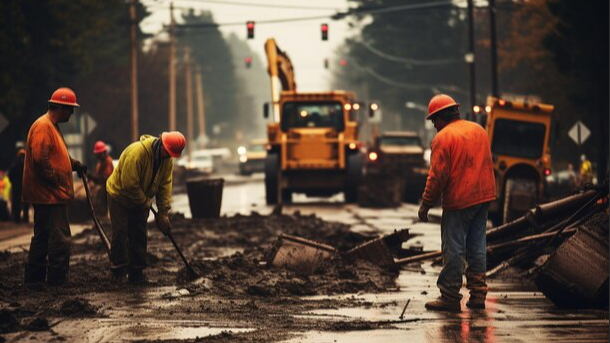 Utility worker in city street working underground